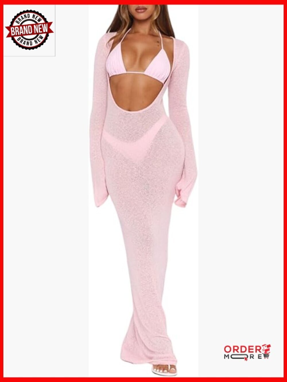 3 Piece Swimsuit Set Long Sleeve Mesh Cover Up Dress Triangle Bikini Sheer